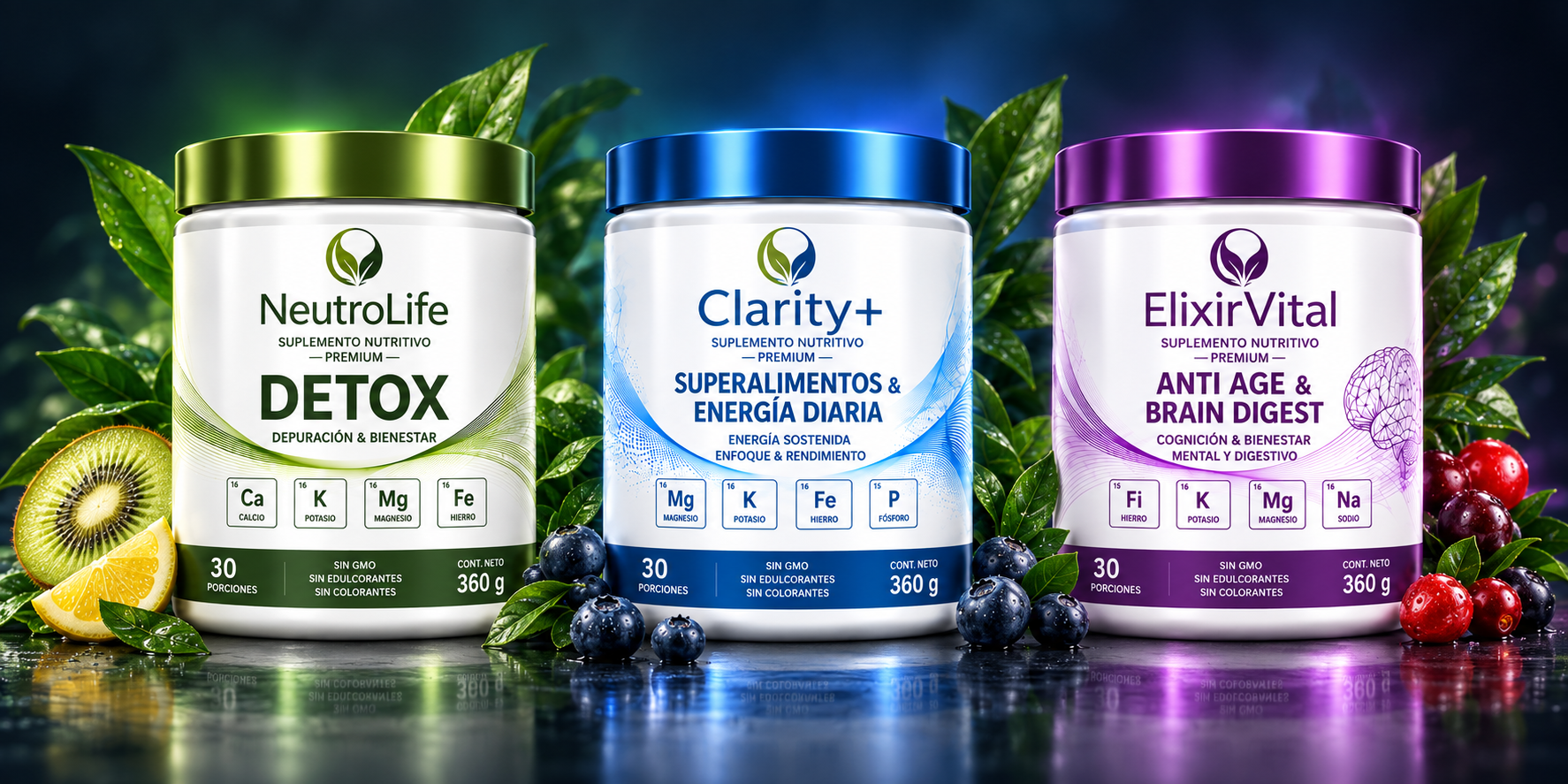 NeutroLife Detox, Clarity+ y ElixirVital con ingredientes naturales