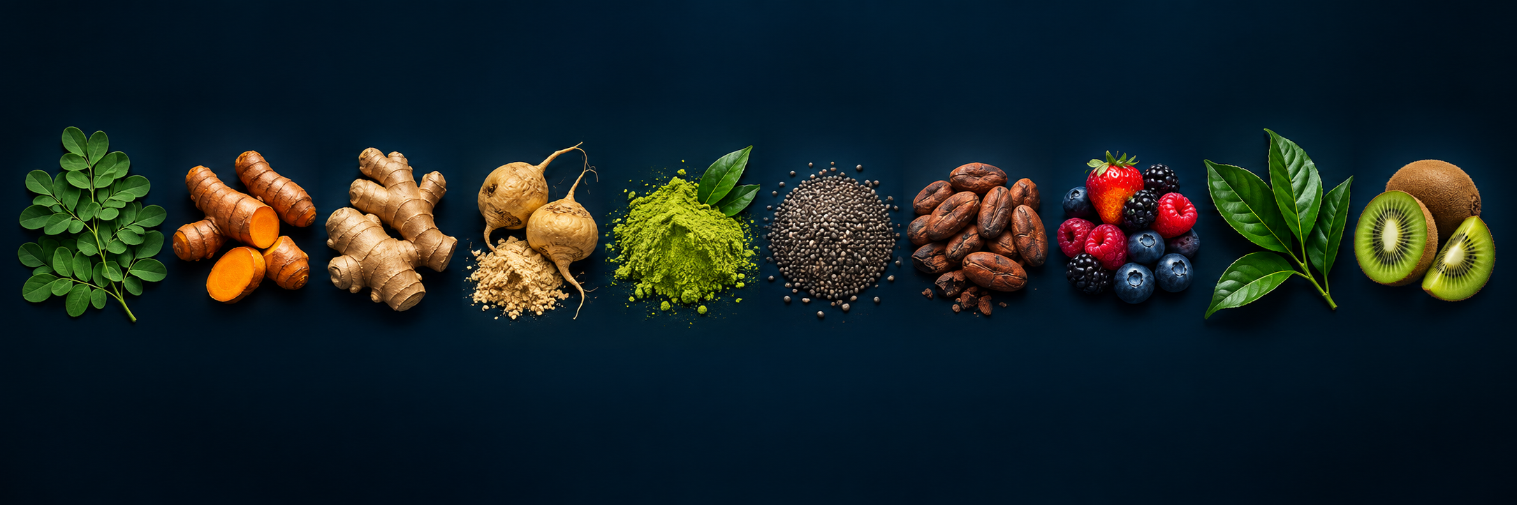 Moringa, cúrcuma, jengibre, maca, matcha, chía, cacao, frutos rojos, guayusa y kiwi